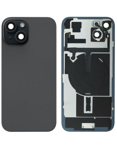 Back Glass with Frame and Wireless NFC Charging Flex and MagSafe Magnet for iPhone 15 - BLACK