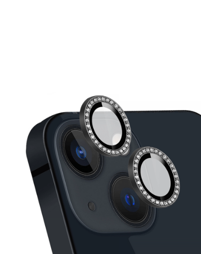 Diamonds Metal Ring with HD Tempered Glass for iPhone 13 / 13 Mini - BLACK