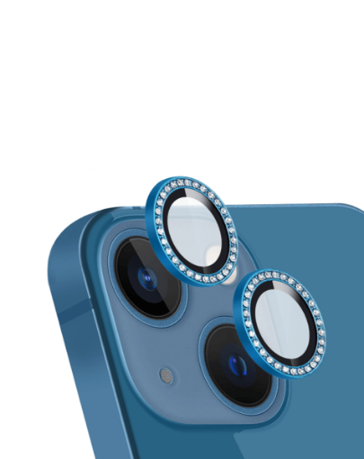 Diamonds Metal Ring with HD Tempered Glass for iPhone 13 / 13 Mini - BLUE