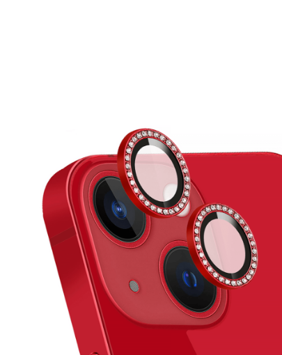 Diamonds Metal Ring with HD Tempered Glass for iPhone 13 / 13 Mini - RED