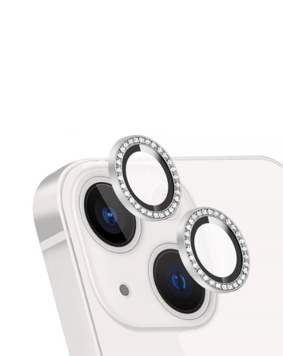 Diamonds Metal Ring with HD Tempered Glass for iPhone 13 / 13 Mini - WHITE