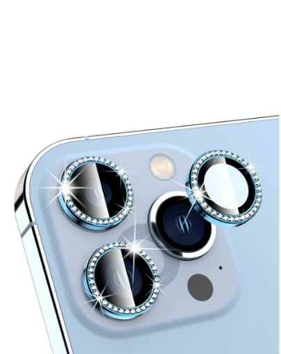 Diamonds Metal Ring with HD Tempered Glass for iPhone 13 Pro Max / 13 Pro - BLUE