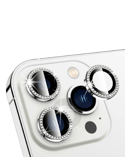 Diamonds Metal Ring with HD Tempered Glass for iPhone 13 Pro Max / 13 Pro - WHITE