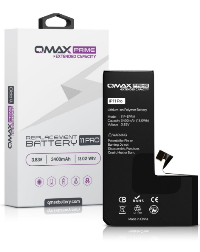 Picture of QMAX Prime Extended Capacity Replacement Battery for iPhone 11 Pro (Spot Weld NOT Required) (3400 mAH)
