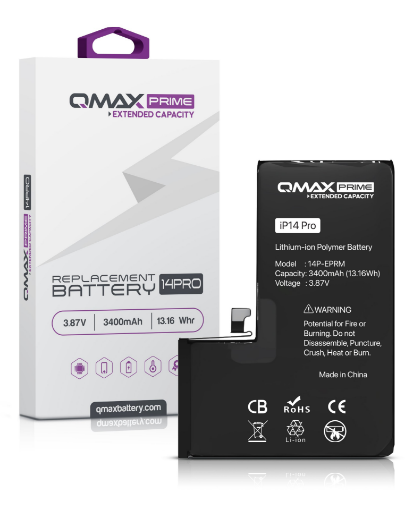 Picture of QMAX Prime Extended Capacity Replacement Battery for iPhone 14 Pro (Spot Weld NOT Required) (3400 mAH)