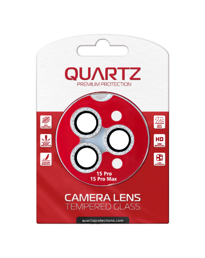 Picture of QUARTZ HD Tempered Glass (WHITE) with Glitter Diamond Camera Lens for iPhone 15 Pro / 15 Pro Max Back Camera