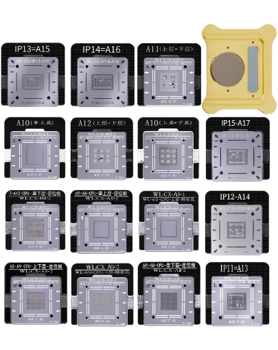Picture of WL BGA Reballing Stencils for iPhone 6 to 15 Pro Max (A8 A9 A10 A11 A12 A13 A14 A15 A16) CPU IC Positioning Soldering Tool With Base